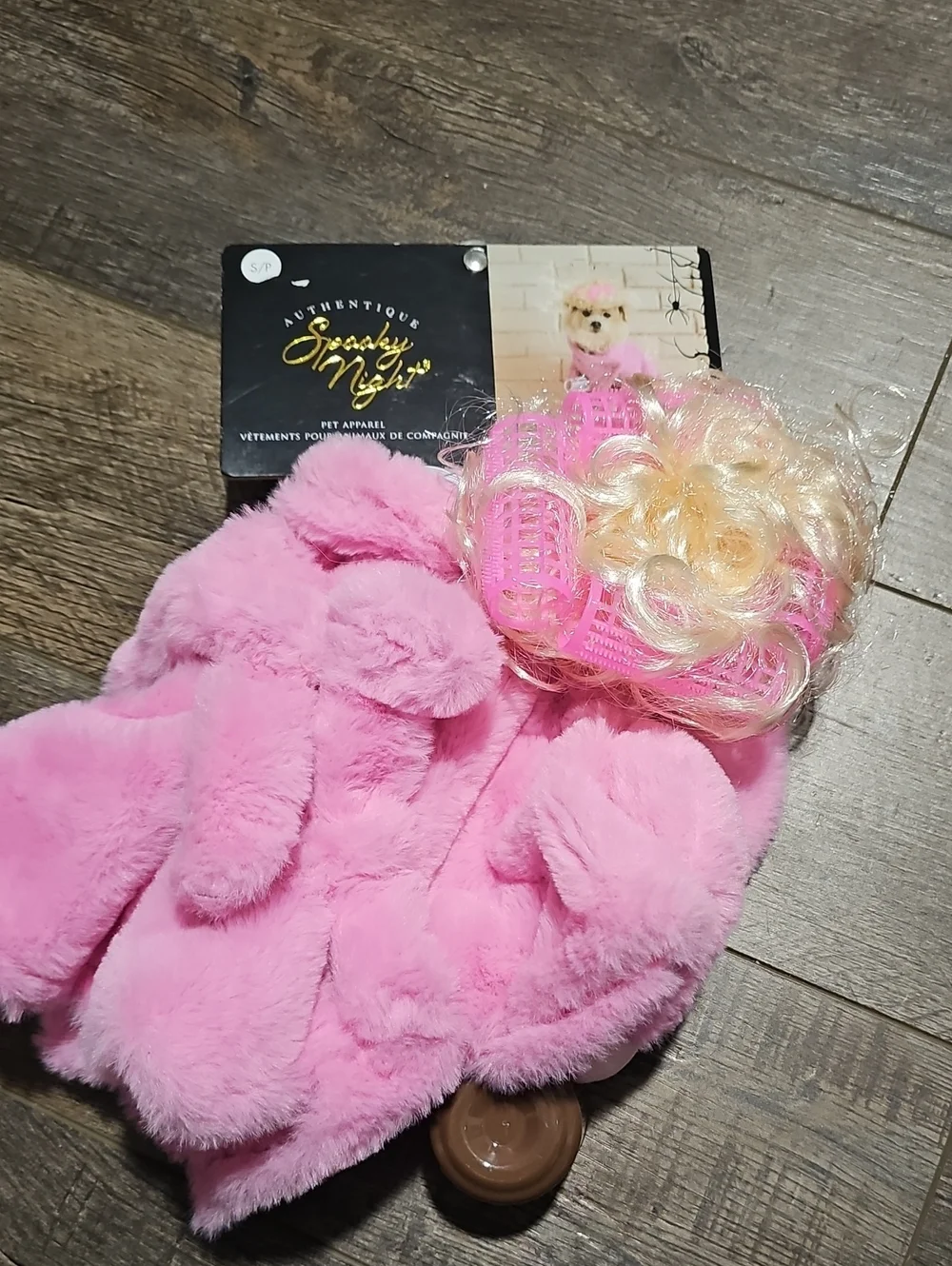 Pet Dog Pink Plush Costume with Blonde Wig Rollers Robe Coffee And Newspaper